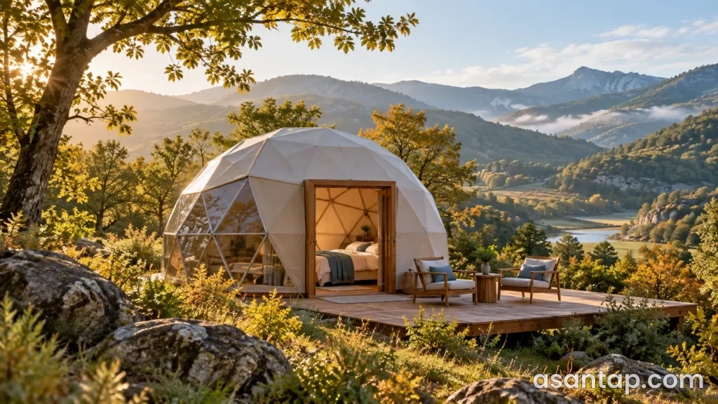 Meşəlik dağətəyi mənzərədə taxta terras və iki oturacağı olan illüstrativ glamping qübbəsi