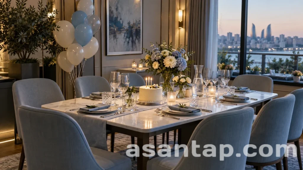 Kiçik ad günü üçün tort, güllər və açıq mavi şarlarla hazırlanmış restoran masası