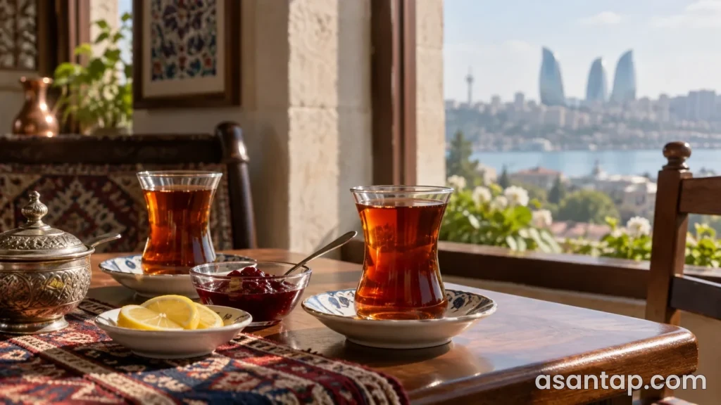 Çay evində masa üzərində armudu stəkanlarda çay, mürəbbə və limon