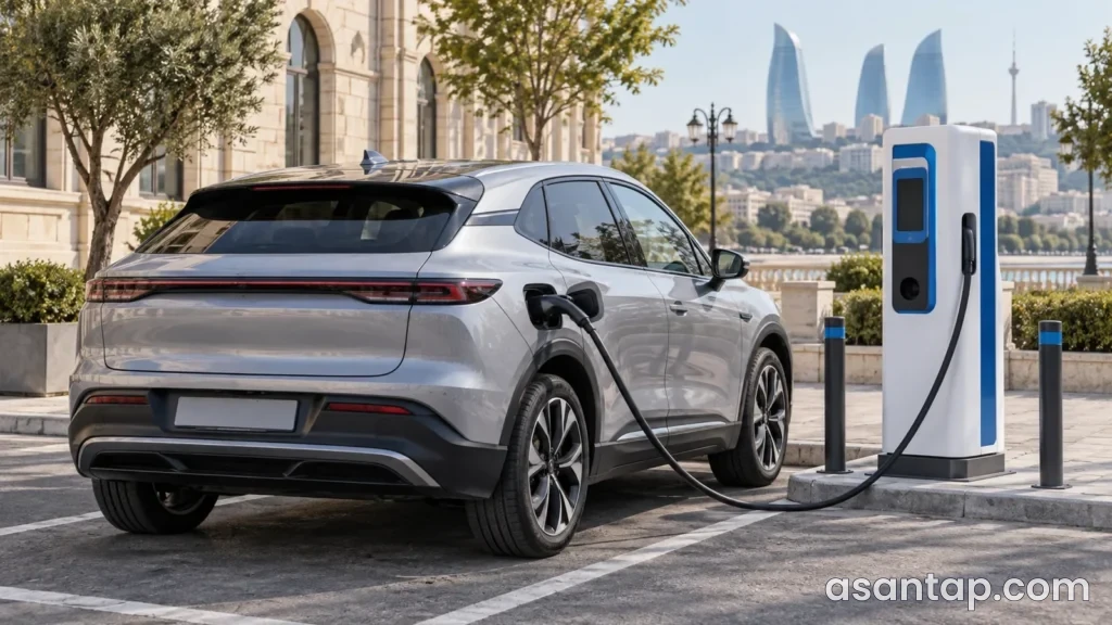 Şəhər fonunda şarj kabelinə qoşulmuş gümüşü elektrik avtomobilinin illüstrativ təsviri