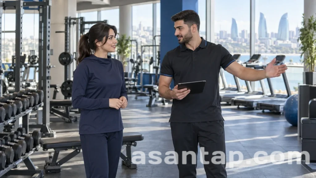 İşıqlı idman zalında avadanlıqlarla tanış olan qadın və zal əməkdaşı