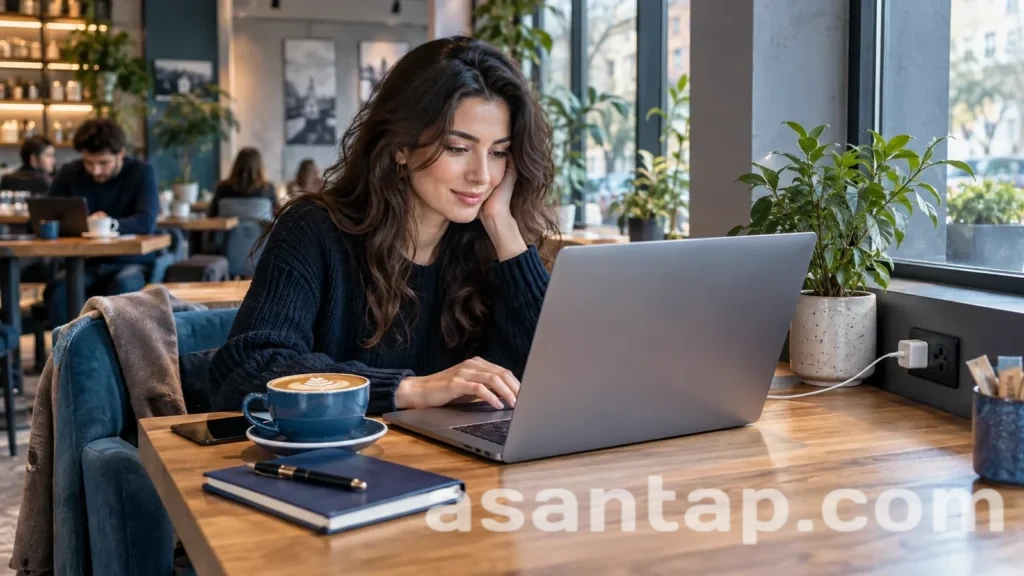 Kafedə qəhvə fincanının yanında noutbukla işləyən qadın