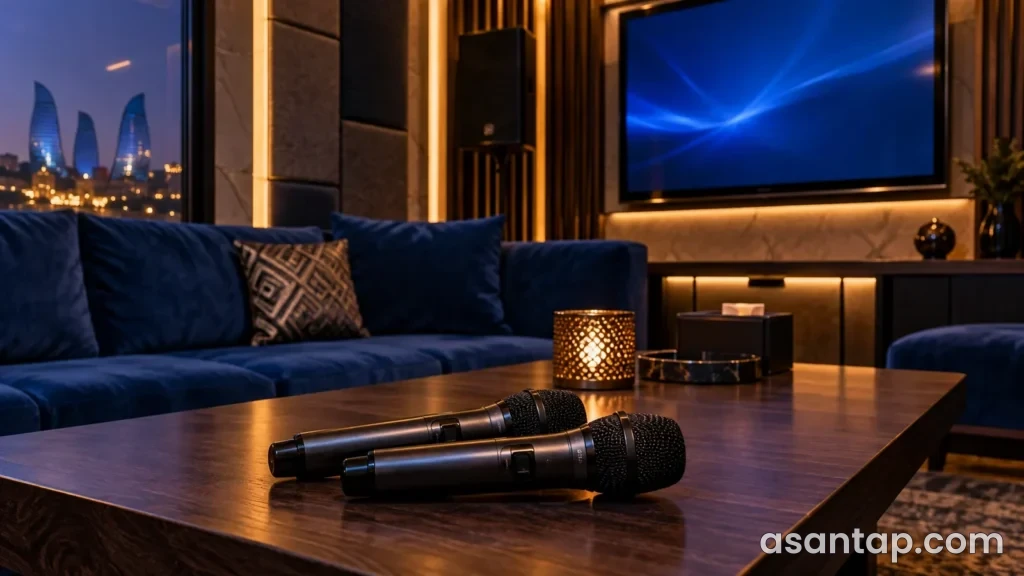 Mavi divanlı illüstrativ karaoke otağında masanın üzərində iki simsiz mikrofon