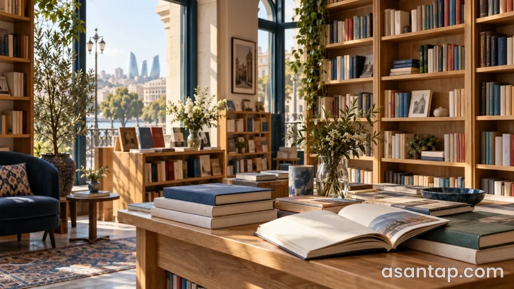 Taxta rəflər, kitab yığınları və açıq kitab olan günəşli illüstrativ kitab mağazası