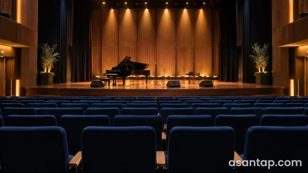 Səhnəsində piano və mikrofonlar olan konsert zalının mavi oturacaqları