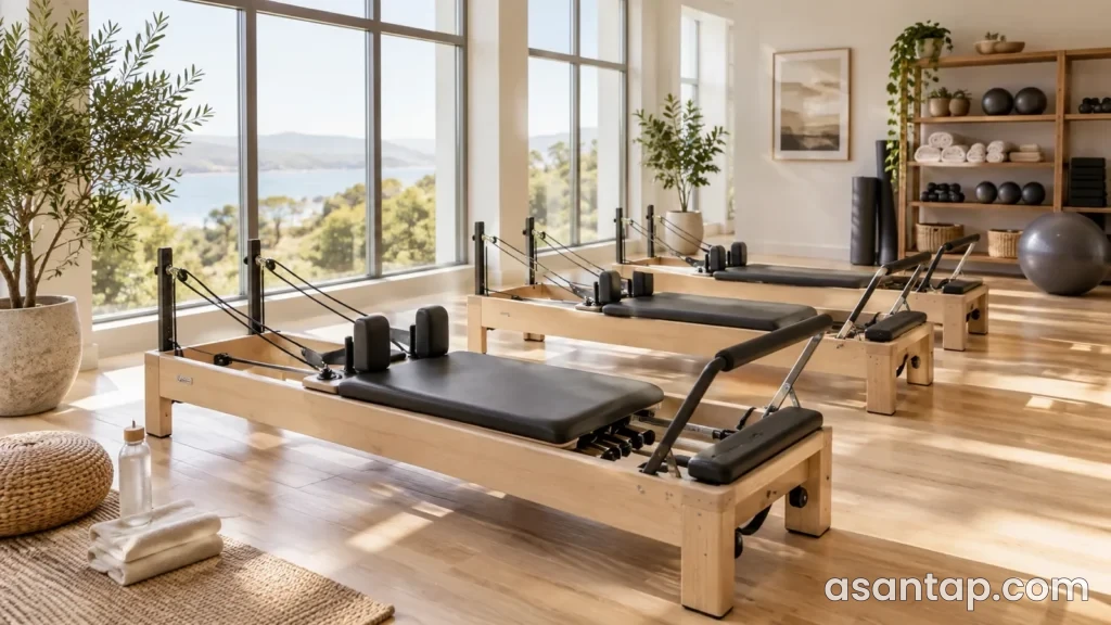 İşıqlı pilates studiyasında səliqə ilə düzülmüş reformer avadanlıqları