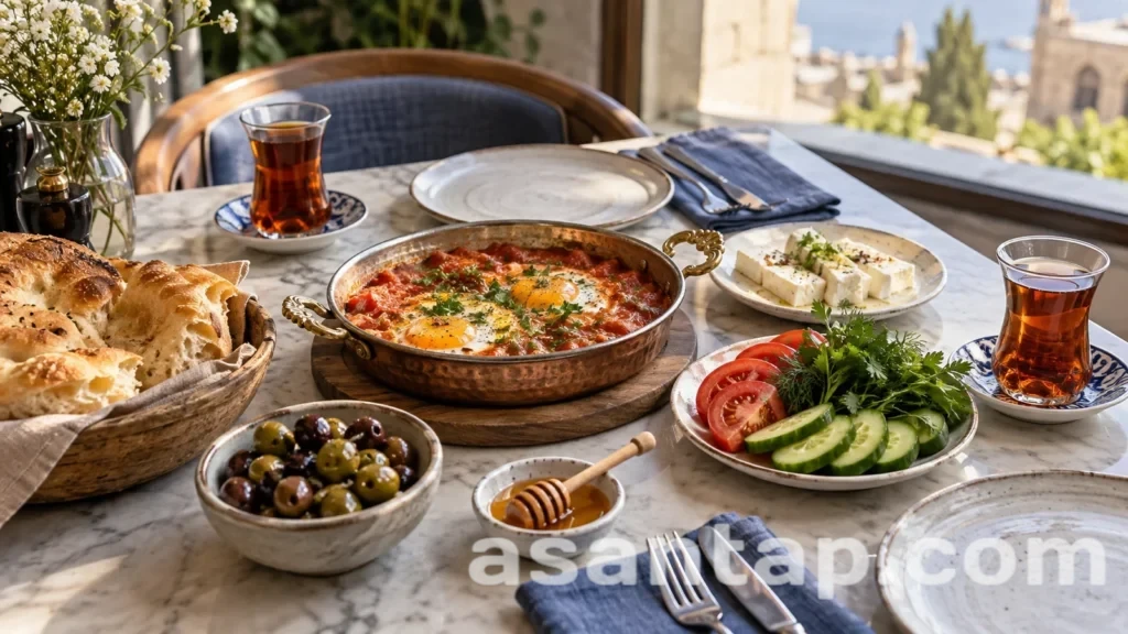 Pomidor-yumurta, pendir, çörək, tərəvəz və armudu stəkanlarda çay olan səhər yeməyi süfrəsi