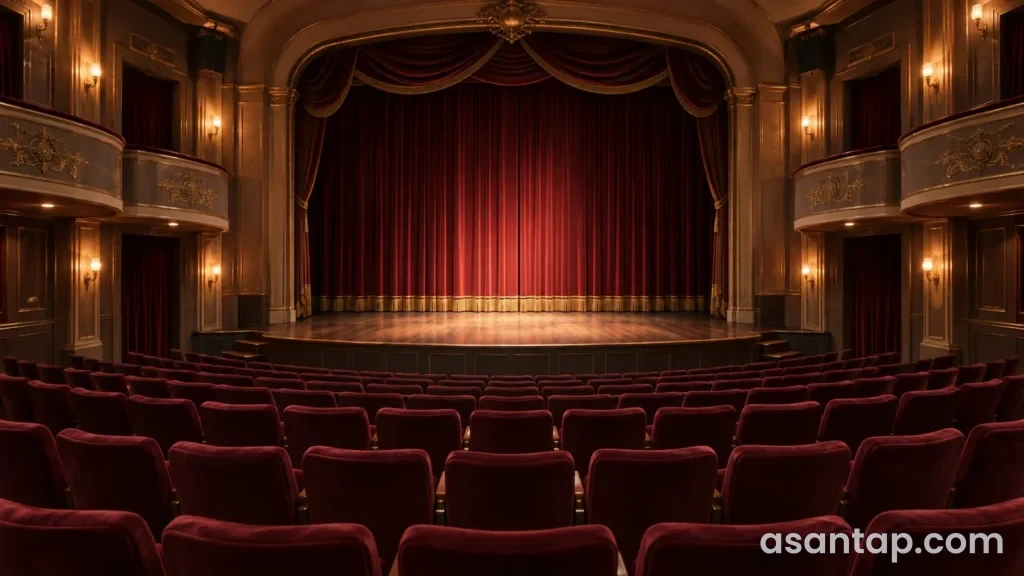 Bordo oturacaqlar və bağlı səhnə pərdəsi olan illüstrativ teatr zalı