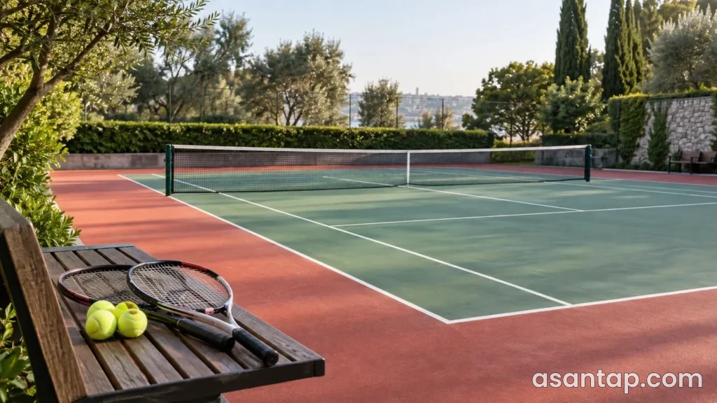 Açıq tennis kortunun toru, ön plandakı skamyada iki raket və tennis topları