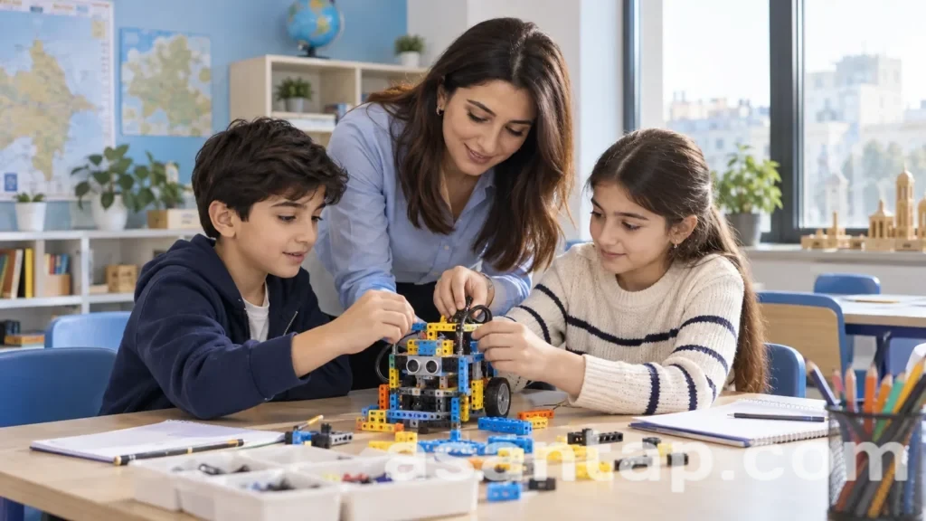 Müəllimin nəzarəti ilə masa arxasında kiçik tədris robotu quran iki uşaq