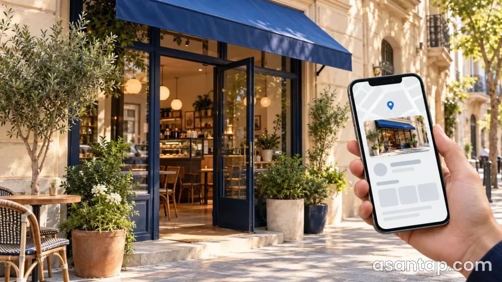 Məkan profilini simvolizə edən telefon və şəhər küçəsindəki kafe girişinin illüstrativ təsviri