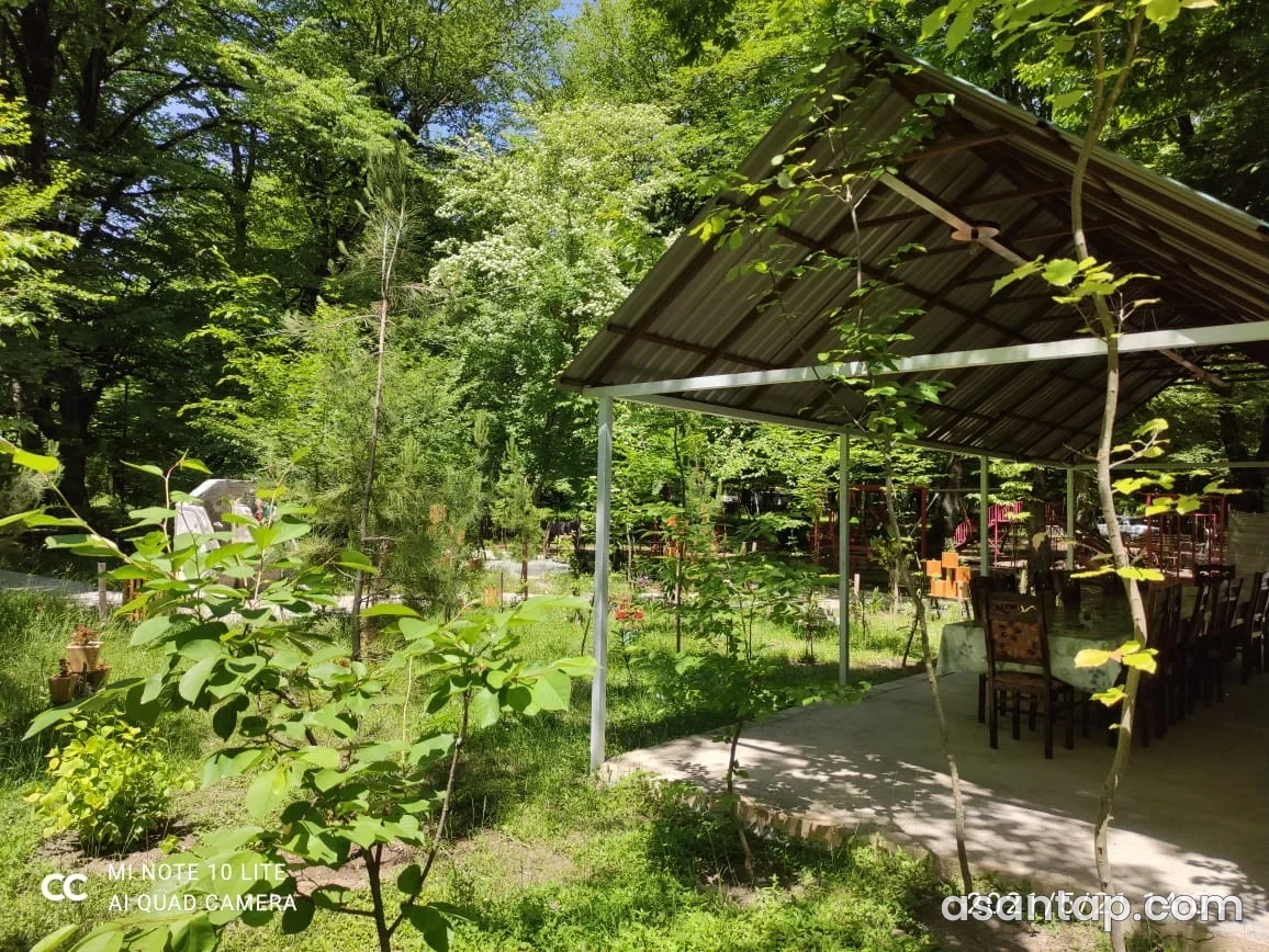 Topçu restoranının ağaclar və yaşıllıq arasında yerləşən üstüörtülü açıq yemək masaları