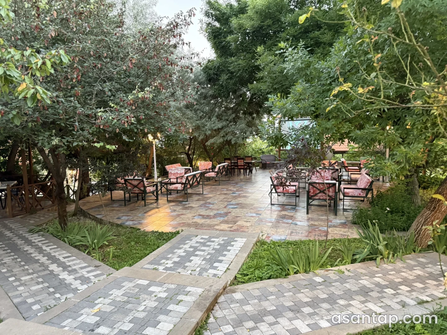 Məlhəm restoranında ağaclar arasındakı açıq masa və oturacaq sahəsi