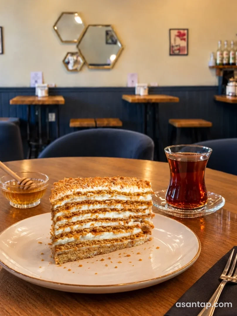 Miracle Cafe-də ballı tort, armudu stəkanda çay və arxada altıbucaqlı güzgülər
