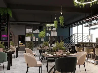 İsi Pub-da bitkilərlə bəzədilmiş tavan, masa və yumşaq oturacaqlar, pilləkənli interyer