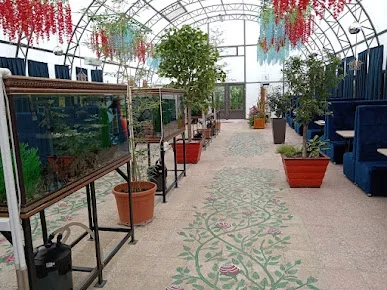 Kafeteria Parkda akvariumlar, dibçək bitkiləri və oturacaqlarla şüşə tağ örtüklü zal