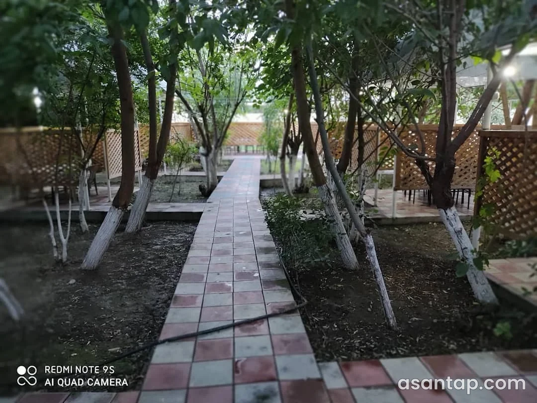 Ay işığı restoranının ağaclı həyətində kafelli cığır və torlu arakəsməli oturma sahələri