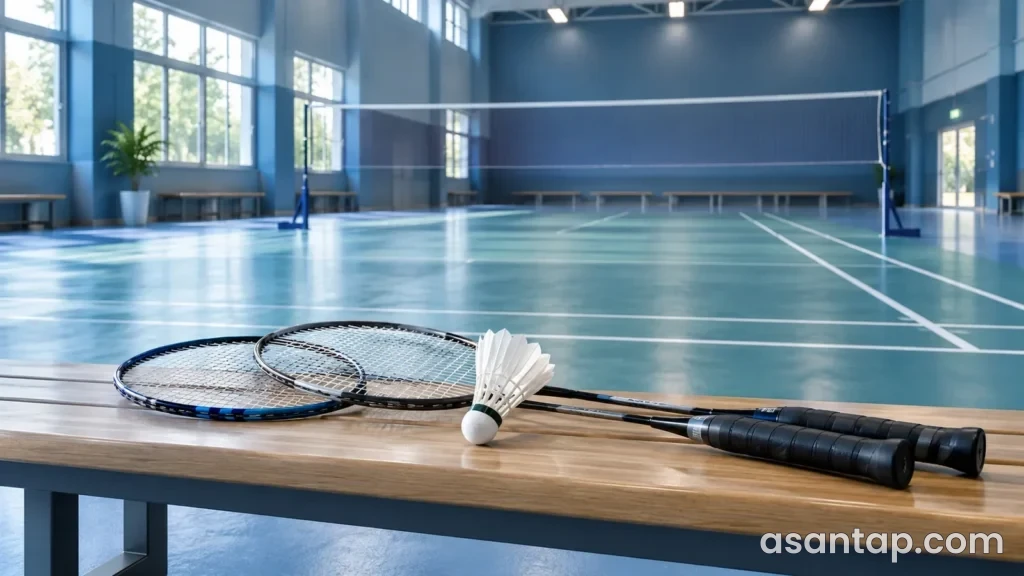 Qapalı badminton zalında kort və tor fonunda taxta oturacağın üstündə iki raket və volanın illüstrativ təsviri