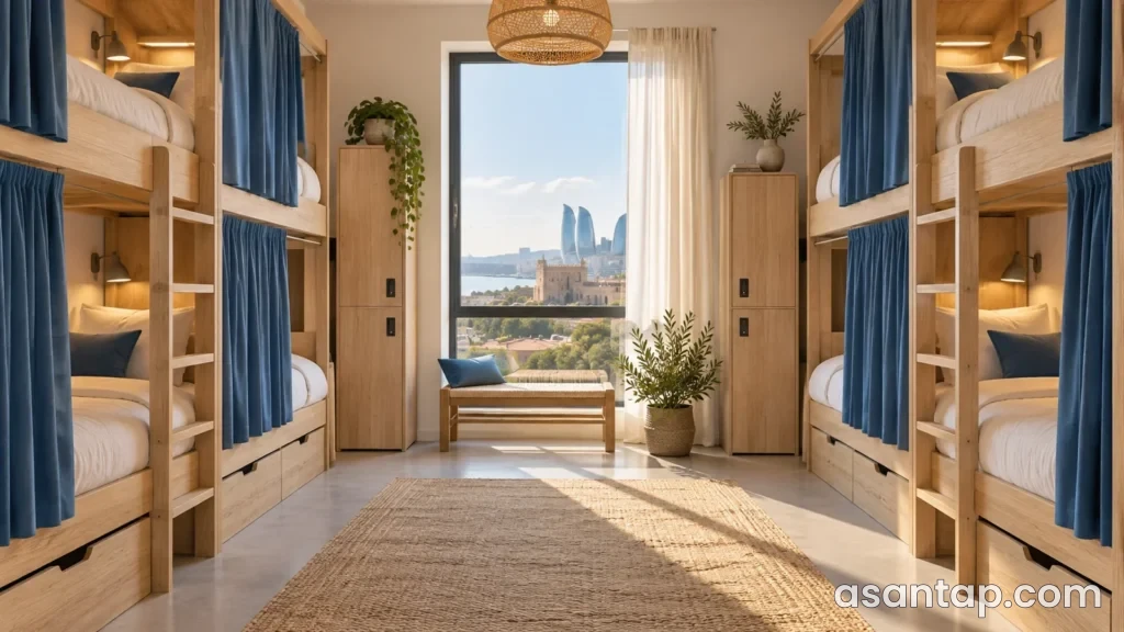Açıq taxta çarpayıları, mavi pərdələri və fərdi şkafları olan uydurma hostel otağı