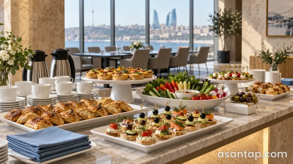 Kiçik qəlyanaltılar, çay fincanları və mavi salfetlərlə qurulmuş illüstrativ katerinq masası