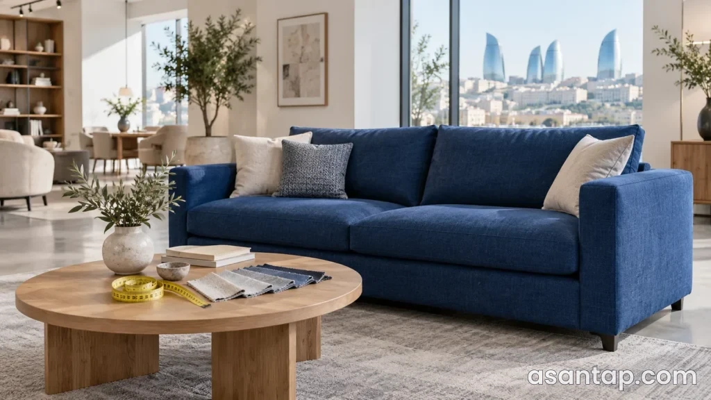 Mebel salonunun illüstrativ görünüşündə mavi divan, parça nümunələri və masa üzərində ölçü lenti