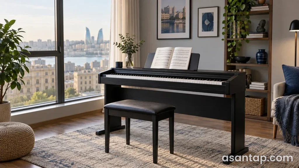 Bakı şəhər mənzərəsini xatırladan pəncərə qarşısında rəqəmsal piano və oturacaq olan illüstrativ musiqi otağı