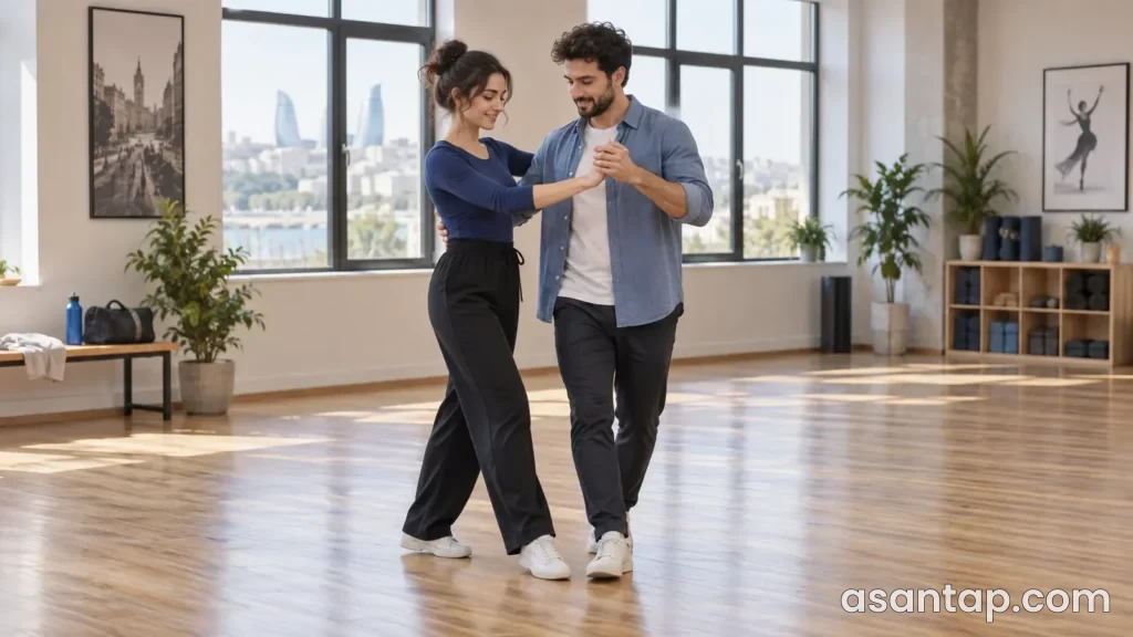 İşıqlı rəqs studiyasında sadə cüt rəqs addımını məşq edən iki yetkin insanın illüstrativ təsviri