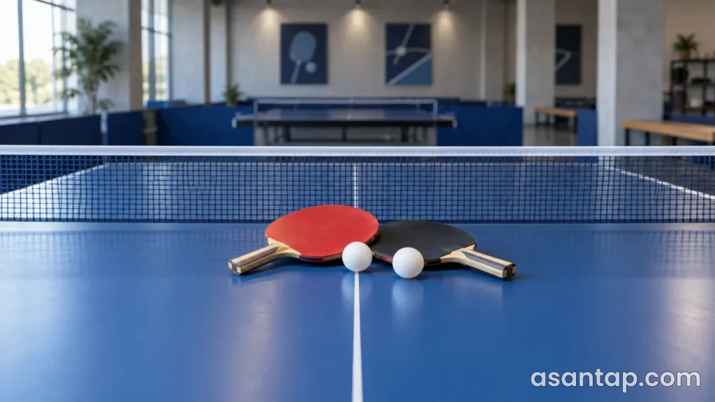 Stolüstü tennis zalını təsvir edən illüstrasiyada mavi masa üzərində iki raketka və ağ toplar