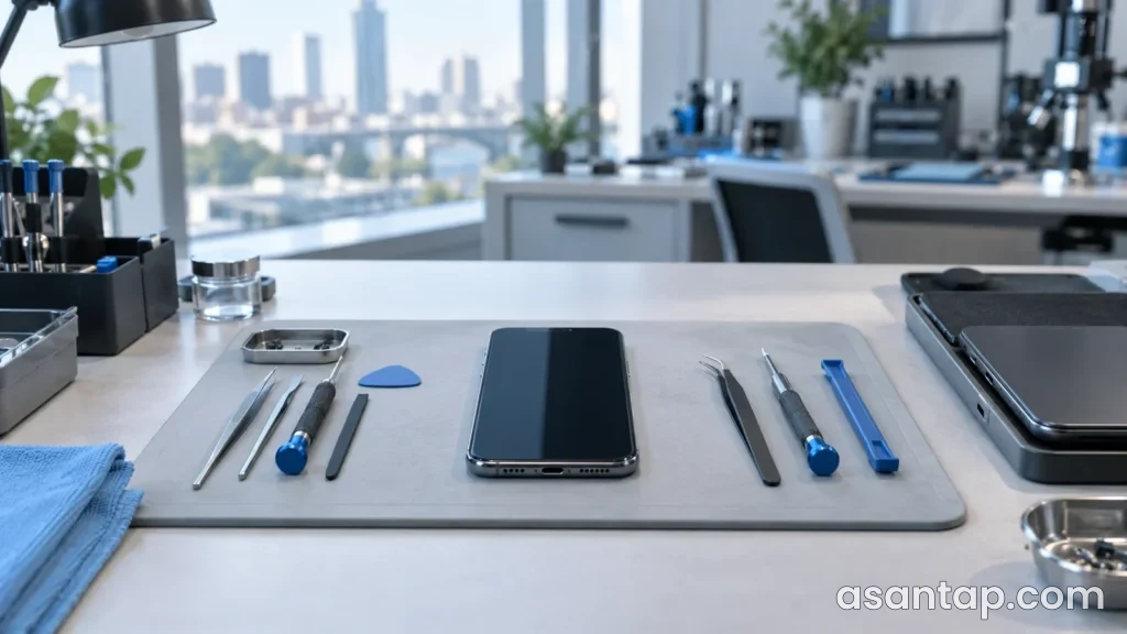 Telefon təmiri emalatxanasını təsvir edən illüstrasiyada iş masası üzərində smartfon və səliqəli alətlər