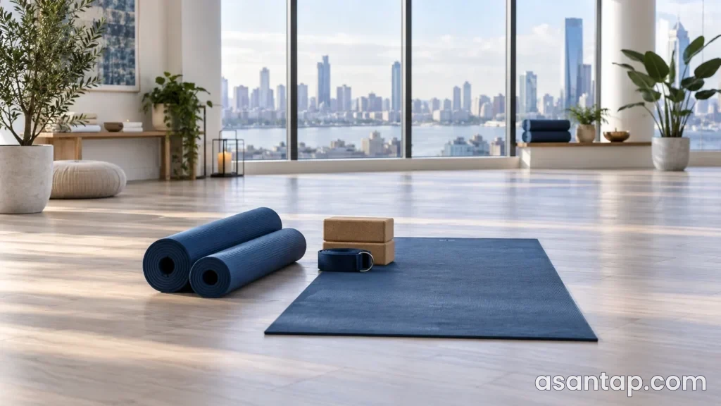 İşıqlı yoga studiyasını təsvir edən illüstrasiyada mavi matlar, mantar bloklar və məşq qayışı