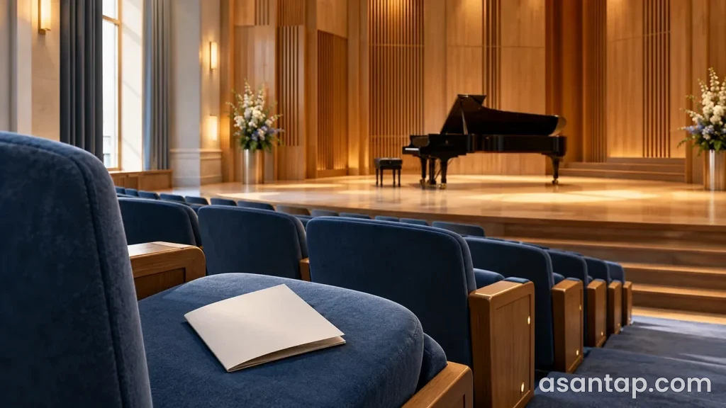 Mavi oturacaqlar və royal olan konsert salonunun illüstrativ təsviri