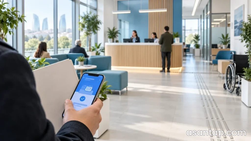 Sosial xidmət qəbuluna hazırlığı göstərən qovluq və telefonlu illüstrativ qəbul məkanı