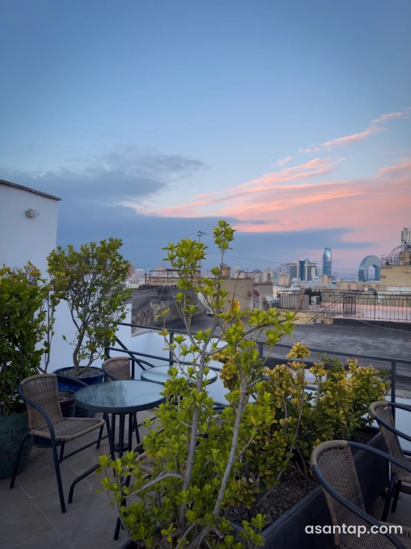 Maurice Restaurant-in bitkilərlə əhatələnmiş damüstü terası və şəhər mənzərəsi
