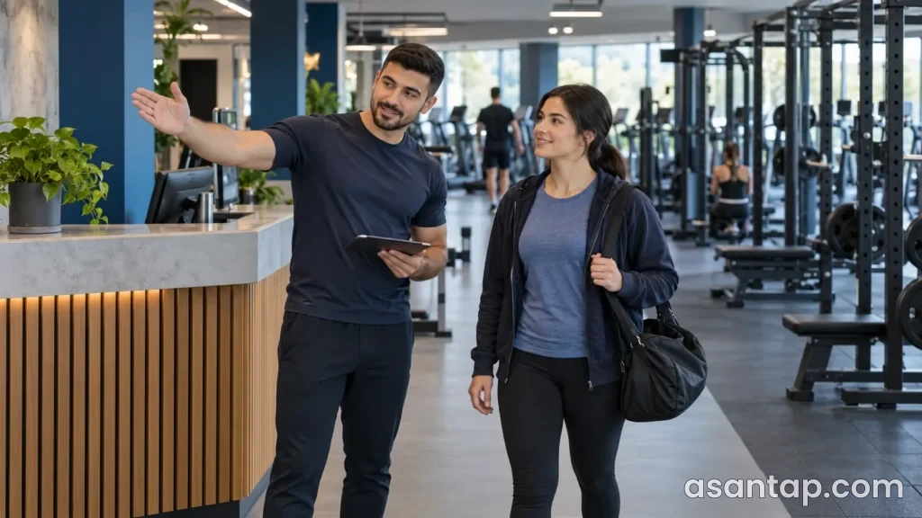 İlk ziyarət üçün zalın imkanlarını izah edən əməkdaş və ziyarətçinin illüstrativ fitnes məkanı təsviri