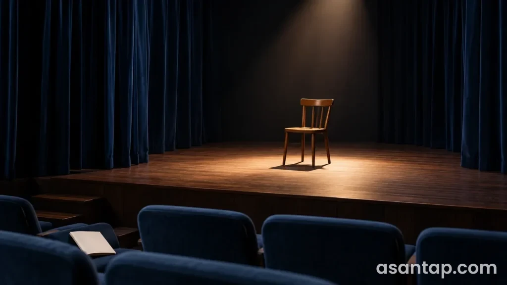Kiçik teatr səhnəsində isti işıq altında boş taxta stulun illüstrativ təsviri