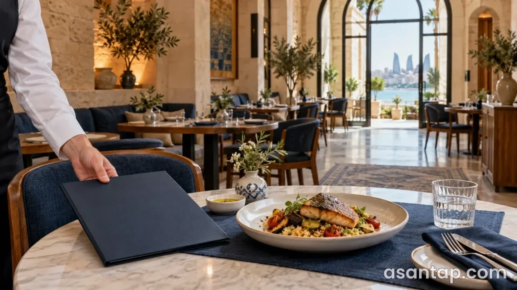Restoranın təqdimatını planlaşdırmaq üçün masaya menyu yerləşdirilən illüstrativ interyer təsviri