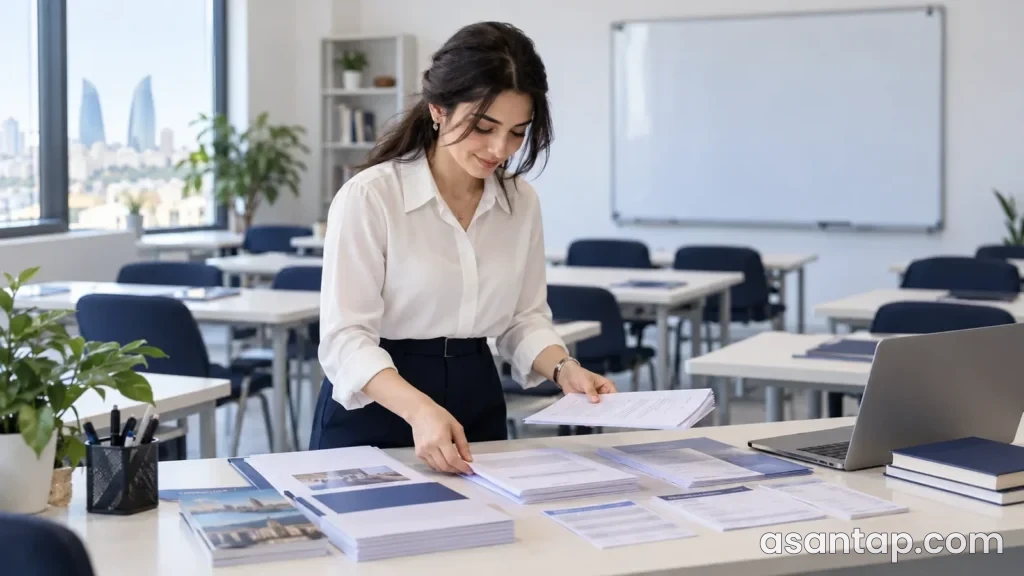 Kurs proqramını və dərs cədvəlini hazırlayan tədris mərkəzi əməkdaşının illüstrativ sinif təsviri