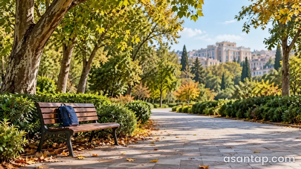 Zorge parkında gəzinti mövzusunda ağaclı yol, skamya və mavi çantalı illüstrativ park mənzərəsi